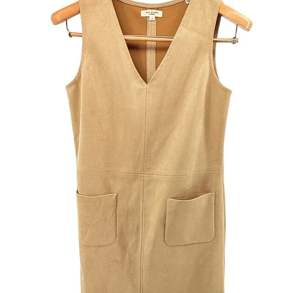 Max Studio London Tan Suede Like Pinafore Dress Size S V Neck Pockets - Picture 1 of 10